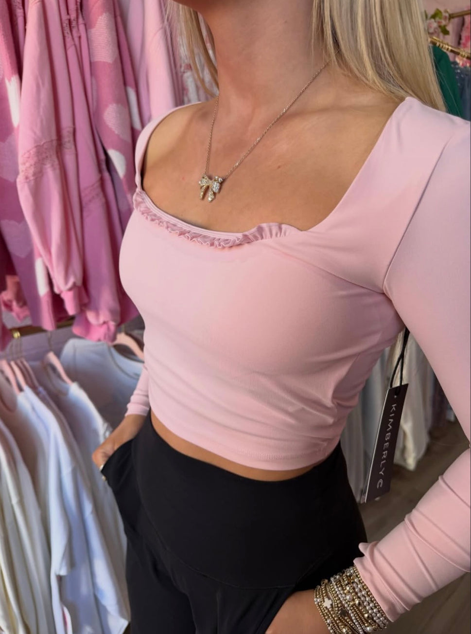 Square Neck Ruffle Trim Long Sleeve Crop Top