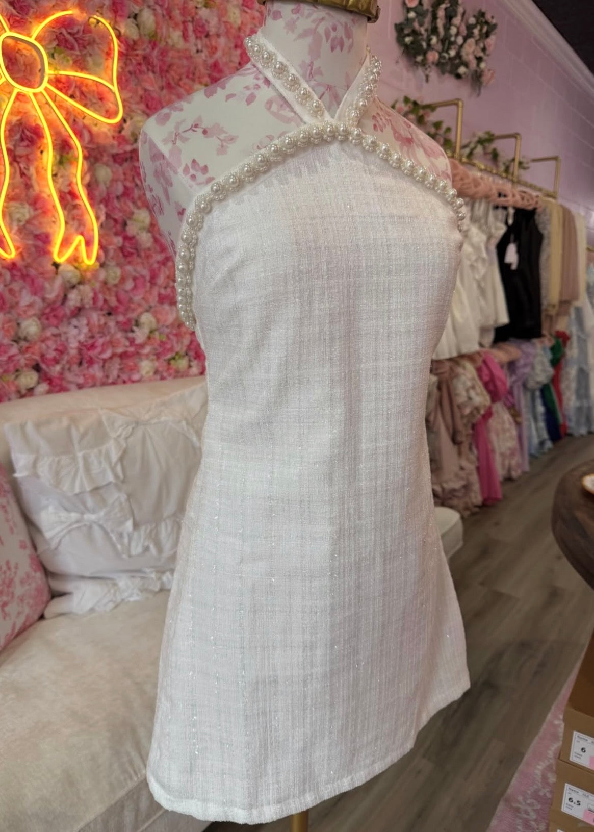 Tweed Pearl Embellished Trim A Line Halter Dress
