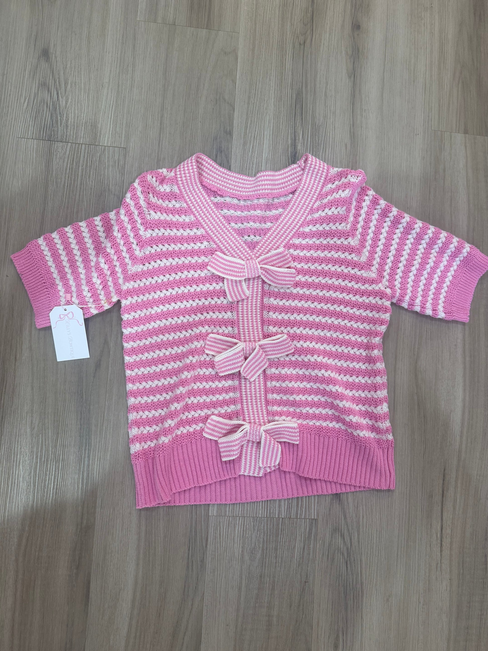 Stripe Knit Contrast Trim Bow V Neck Knot Sweater