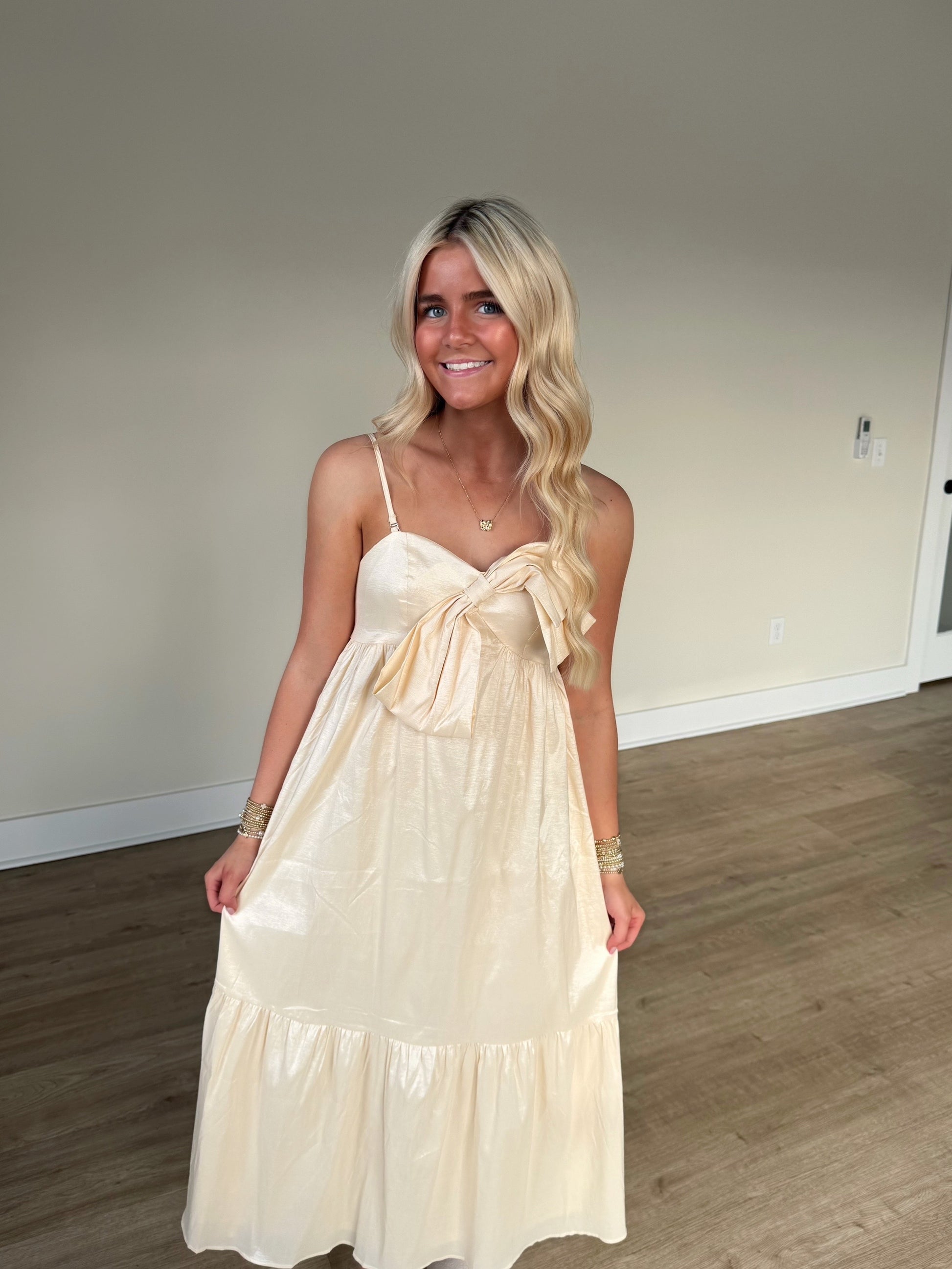 Adjustable Strap Midi Dress with Bow Detail