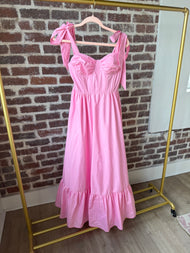 Bustier maxi dress with ruffle skirt and tied shoulder strap