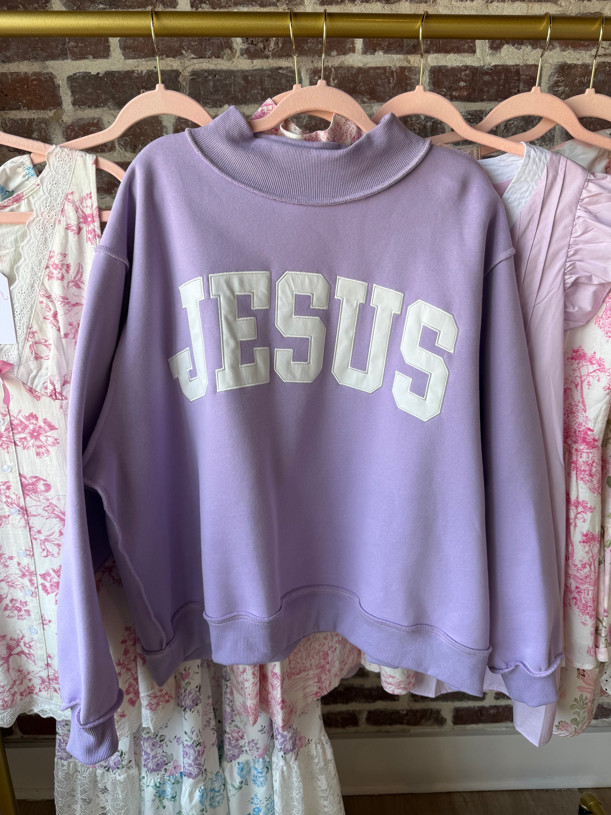 Jesus Embroidered Mock Neck Sweatshirt : LAVENDER