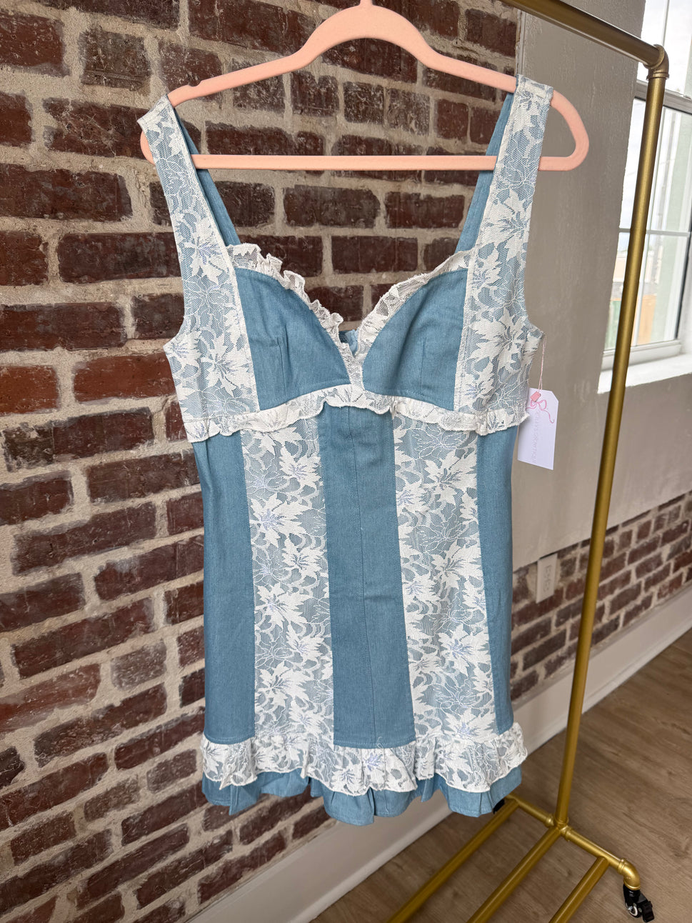Floral Trim Denim Casual Dress