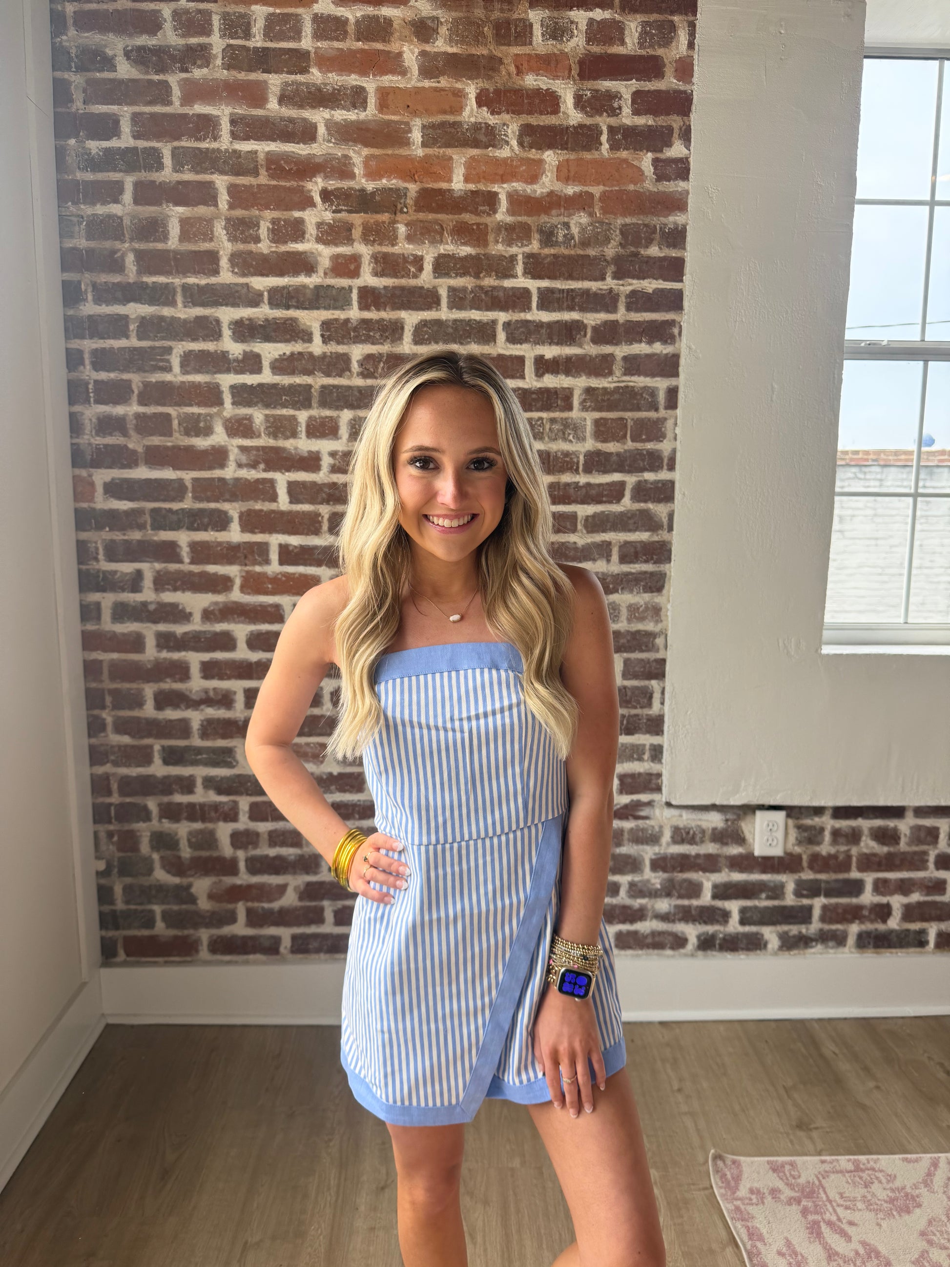 *Cotton denim stripe tube romper with wrap skirt