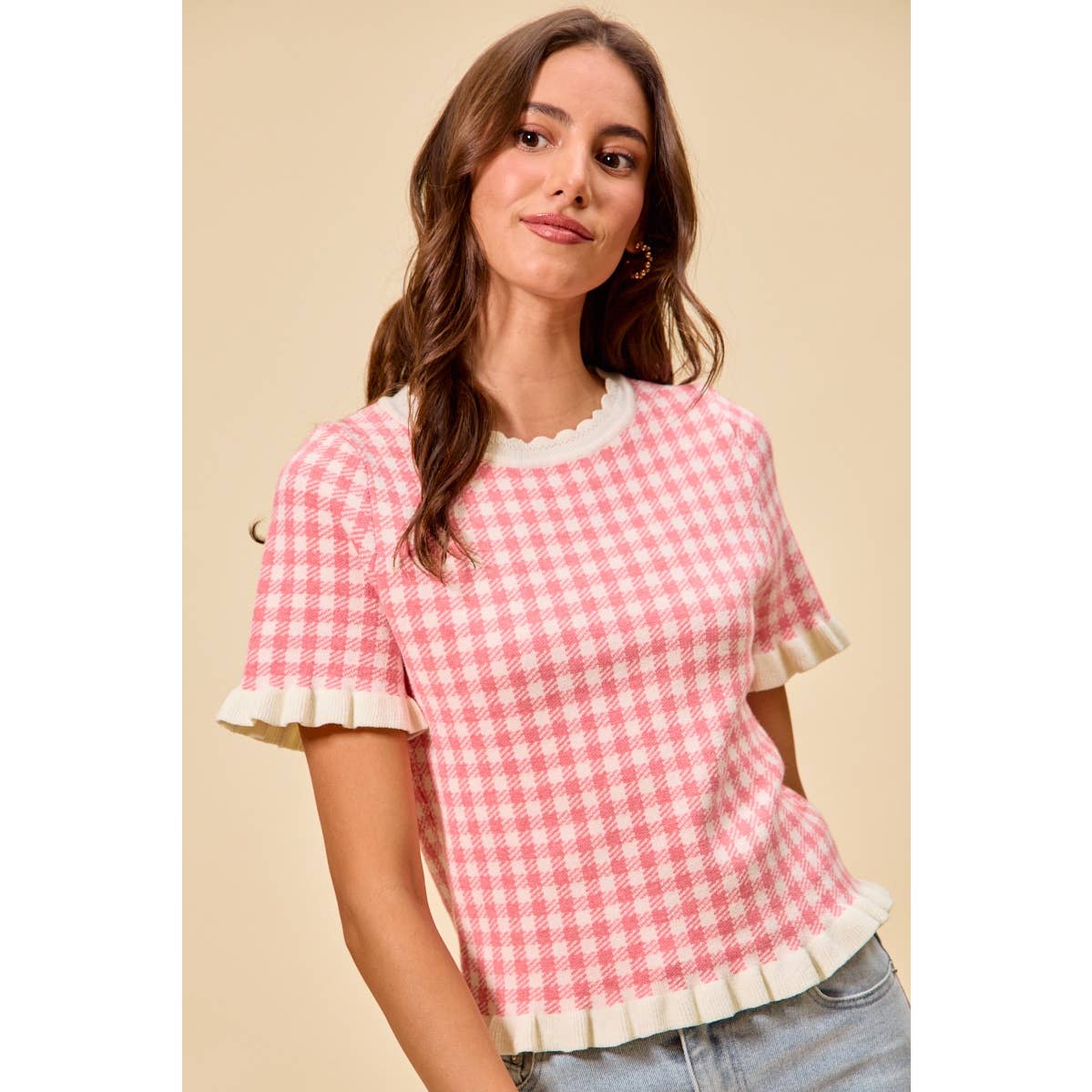 GINGHAM KNIT RUFFLED SHORT SLEEVES SWEATER TOP