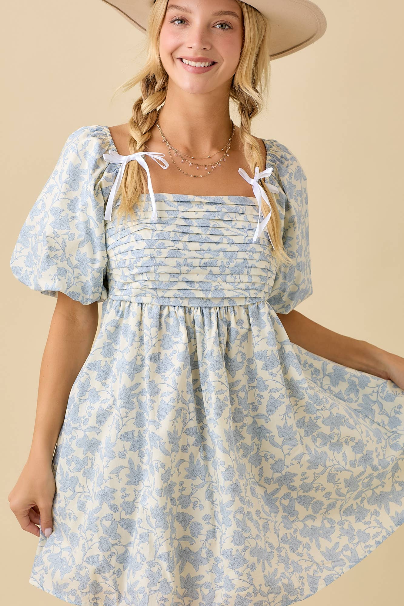 *Pleated Bubble Sleeve Mini Baby Doll Dress
