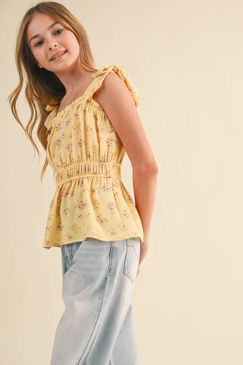 TWEEN KIDS GIRLS BOW SHOULDER PEPLUM TOP