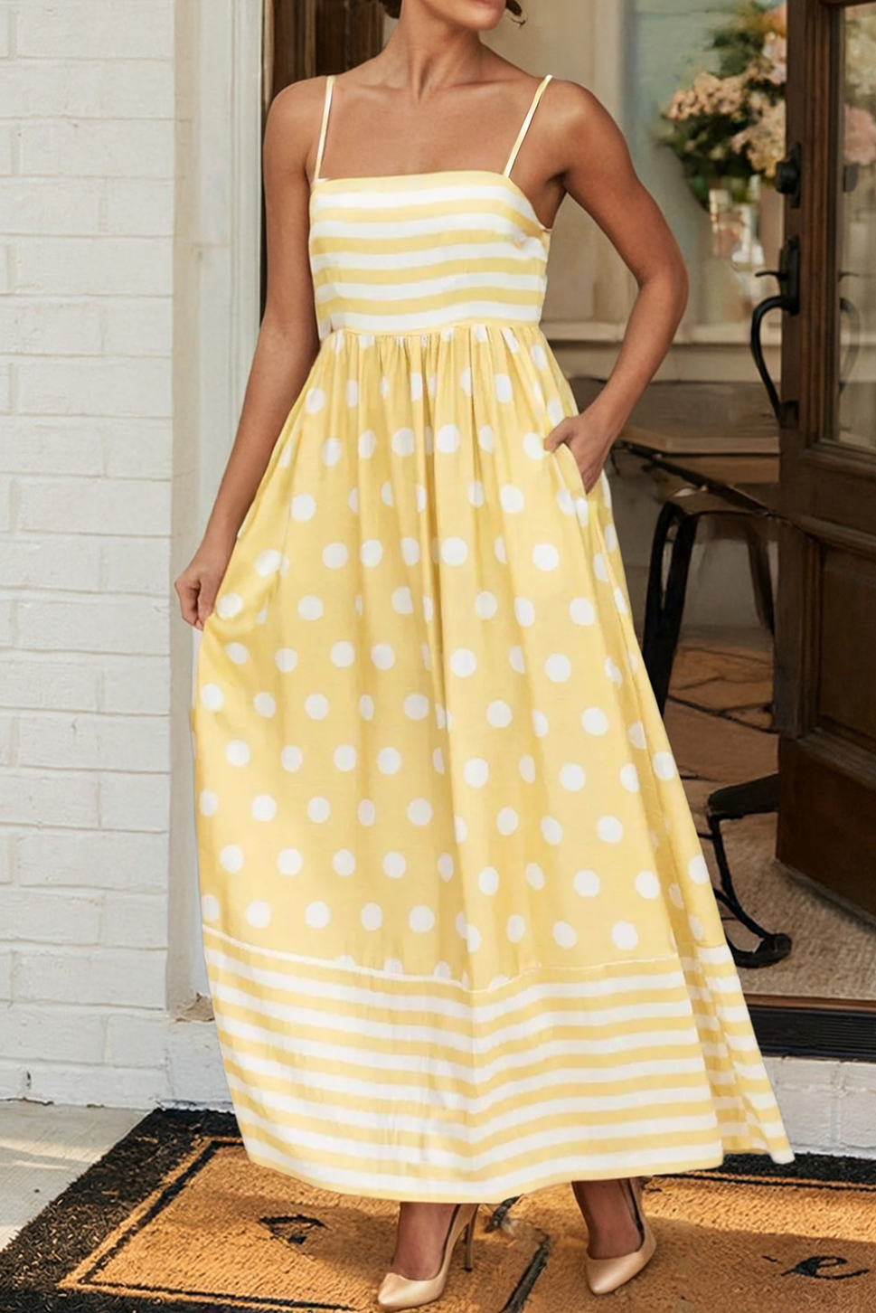 *LAS Striped Polka Dot Spaghetti Straps Maxi Dress