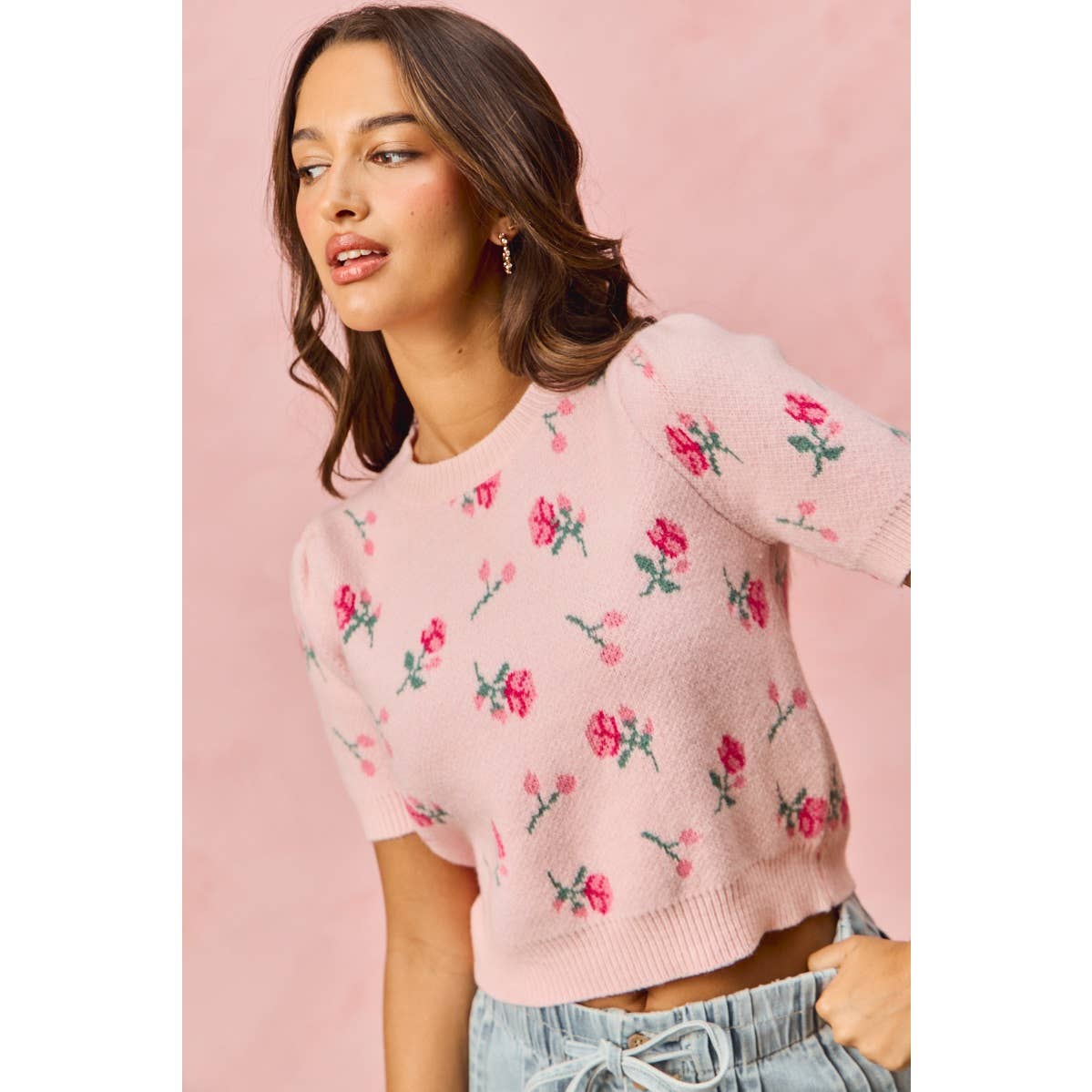 FLORAL PATTERN KNIT PUFF SLEEVES SWEATER TOP