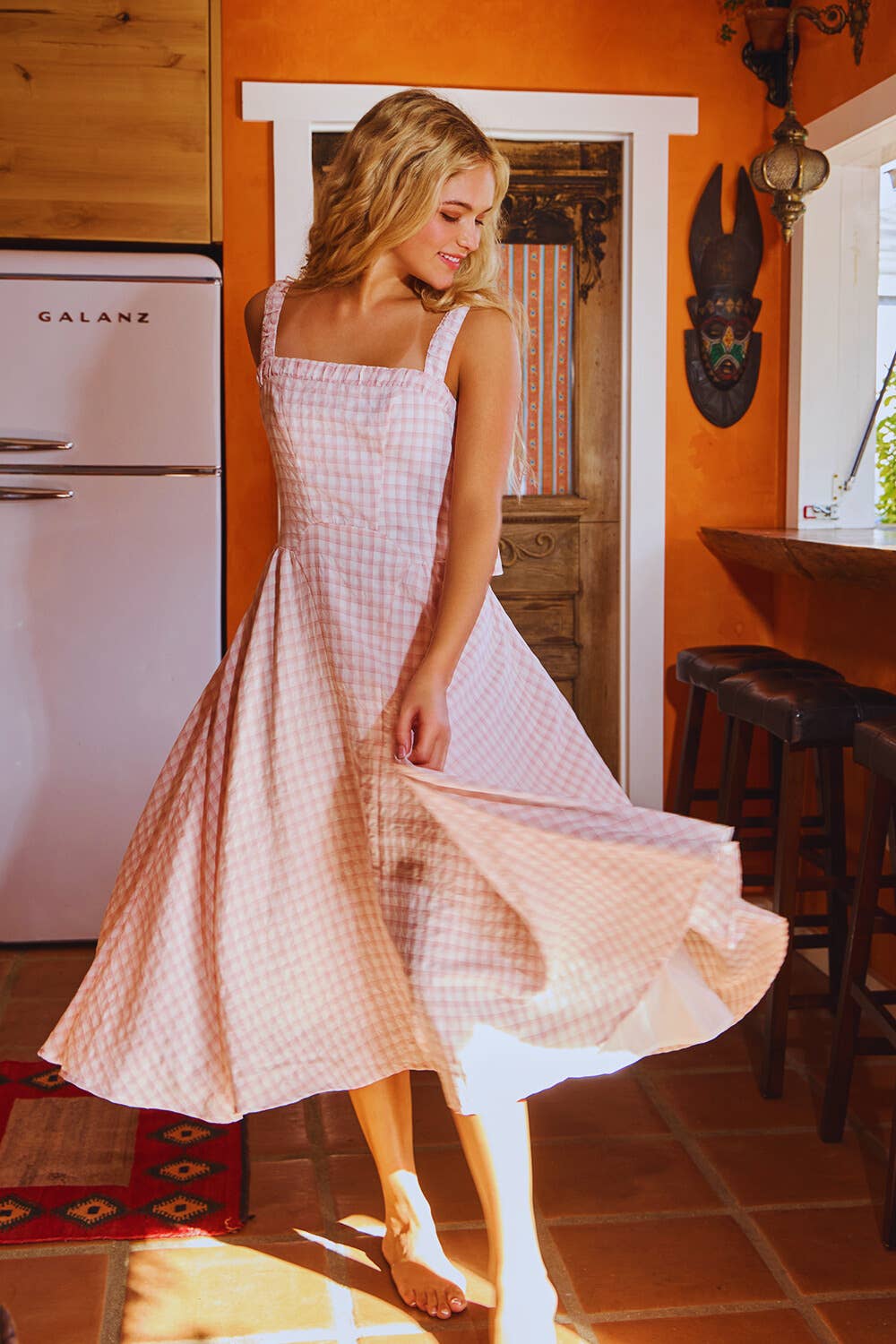 CONVERTIBLE SHOULDER STRAPS SMOCKED CHECK MIDI DRESS