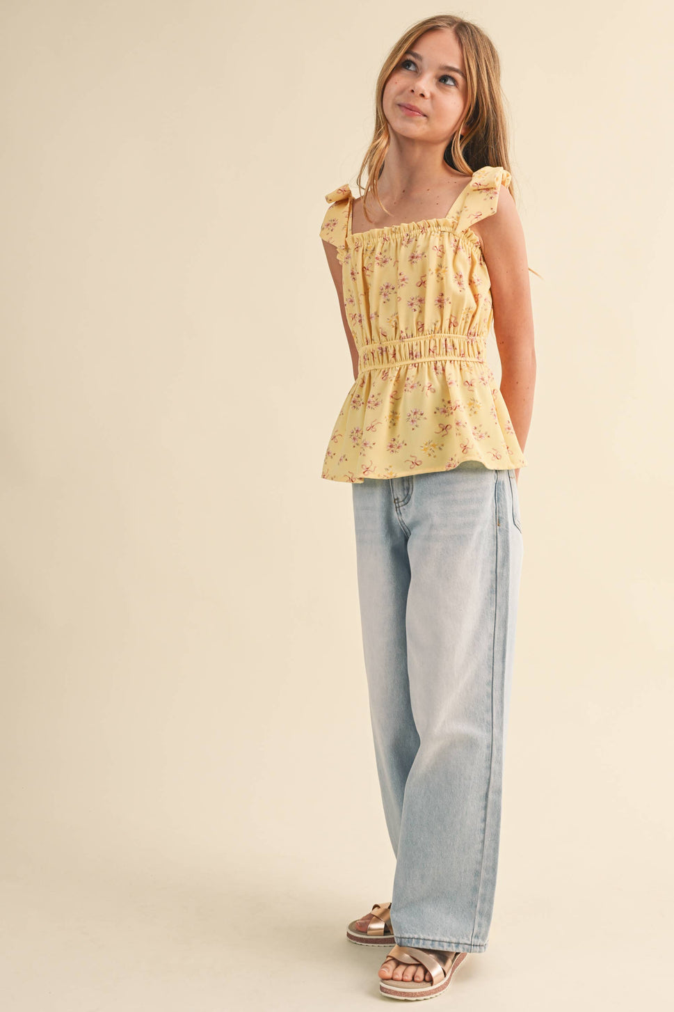 TWEEN KIDS GIRLS BOW SHOULDER PEPLUM TOP