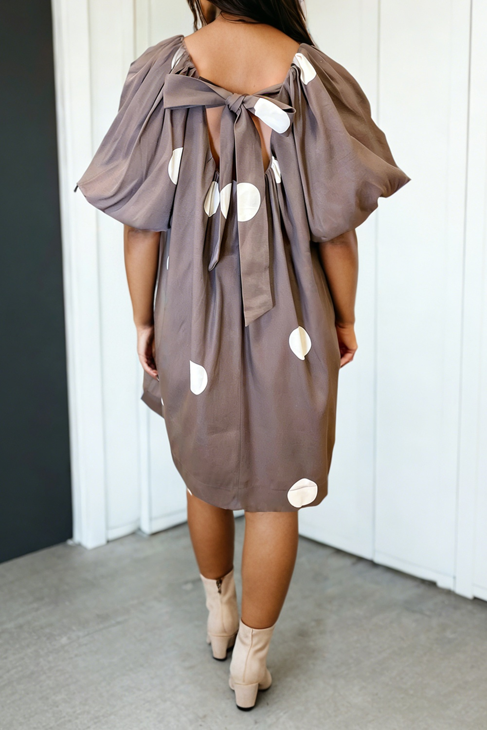 LAS-LIVE Polka Dot Knot Back Loose Mini Dress