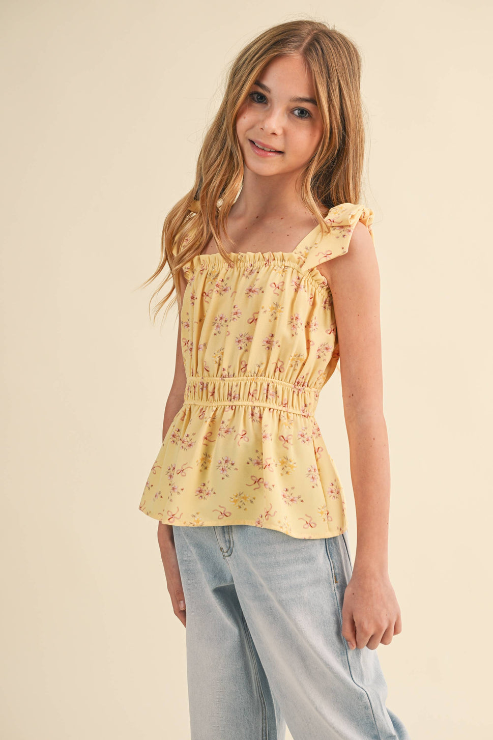 TWEEN KIDS GIRLS BOW SHOULDER PEPLUM TOP