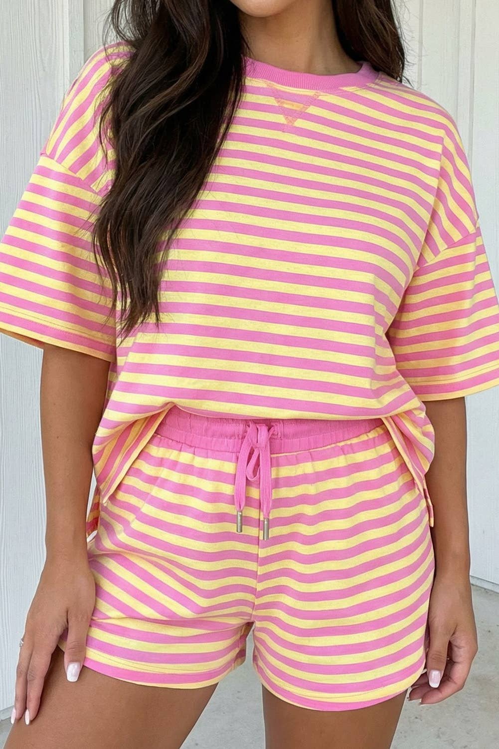 LAS Stripe Contrast Trim Boxy Terry Short Set (S-XL)