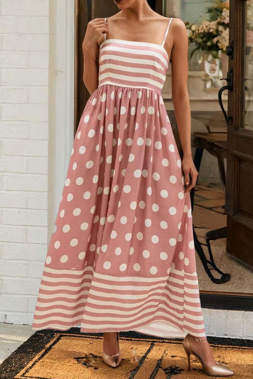 *LAS Striped Polka Dot Spaghetti Straps Maxi Dress
