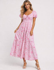 *Ladies Boho Floral Print Tie Neck Puff Sleeves Maxi Dress