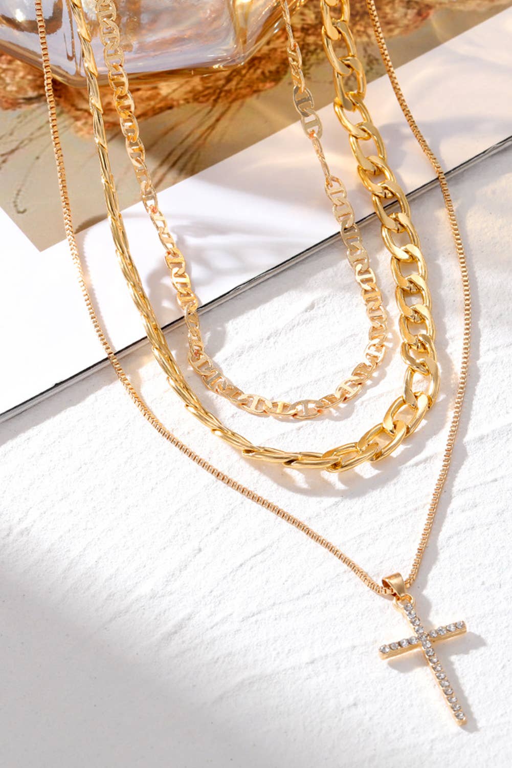 Plated Cross Pendant Multi Layer Stacked Chains Necklace: Gold / ONE SIZE