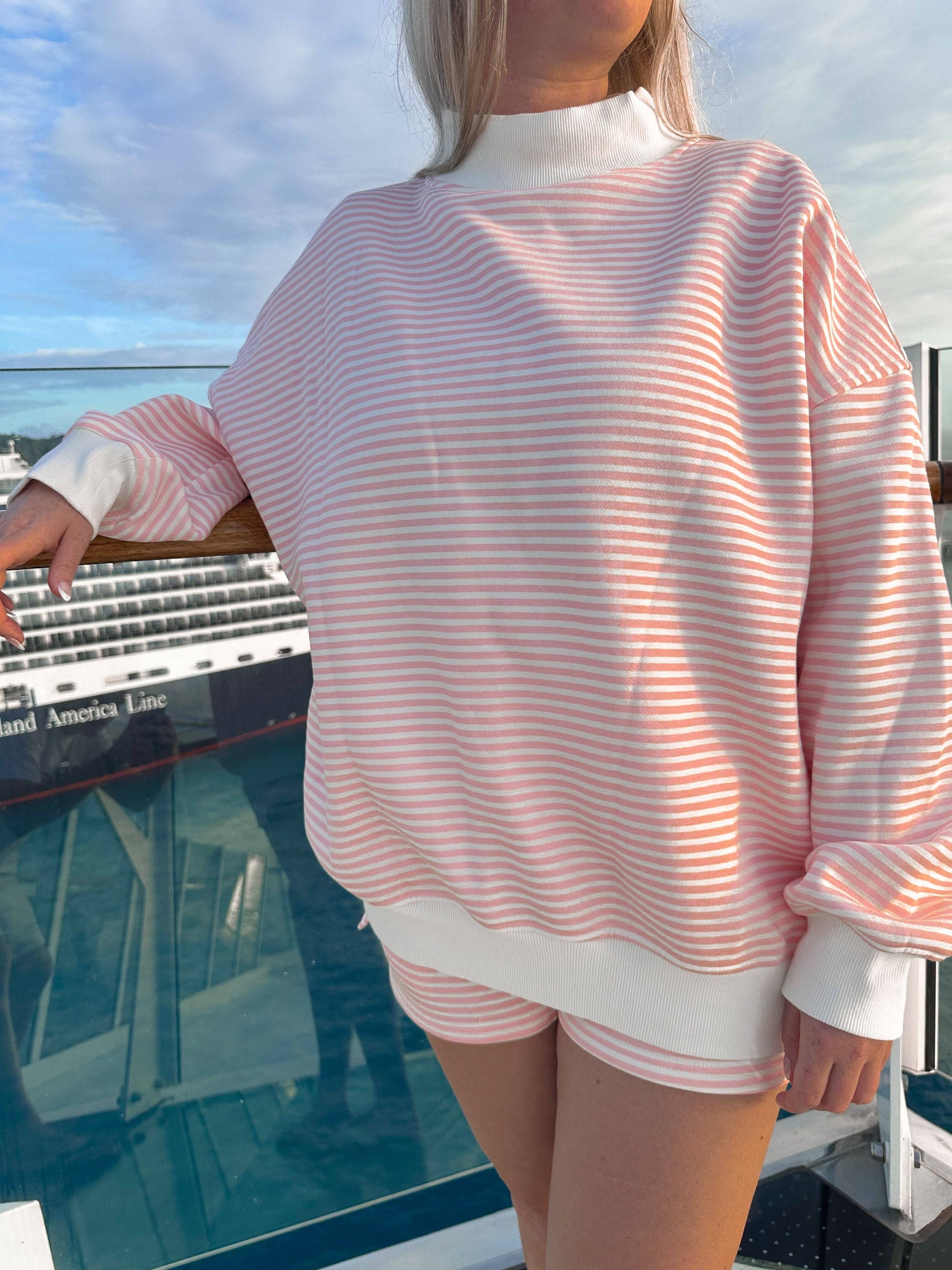 LIGHT PINK AND BIG STRIPED MOCKNECK SWEATSHIRT