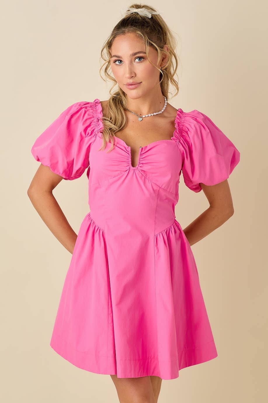 *Sweetheart neckline A-line mini dress: PINK