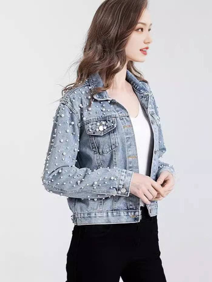 WOMEN CASUAL DENIM JACKET WITH PEARL RHINESTONE ACCENTS