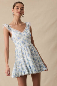 PALE PLAID FLORAL WING SLEEVE LACE MINI DRESS