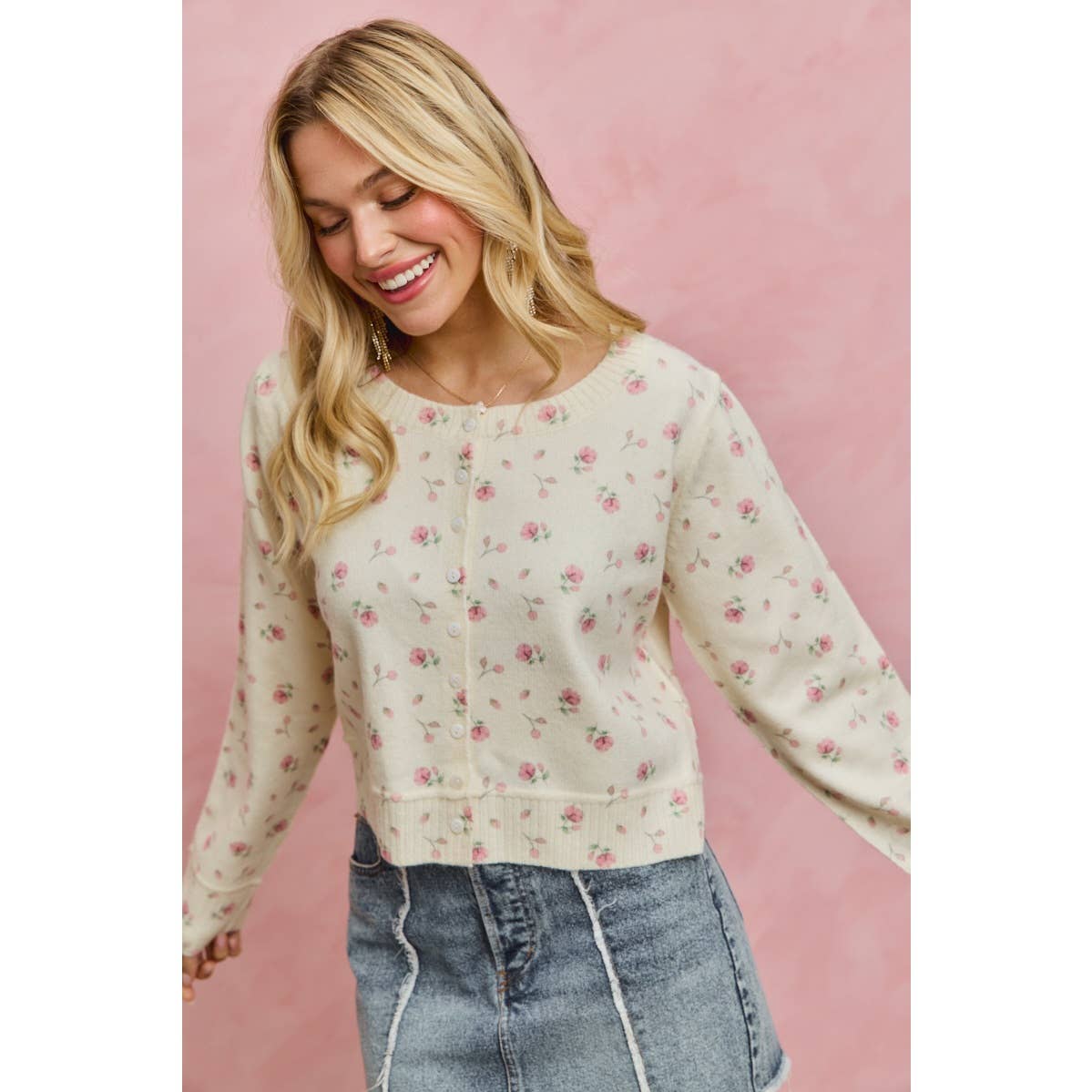 FLORAL PRINT BUTTON DOWN CARDIGAN SWEATER TOP