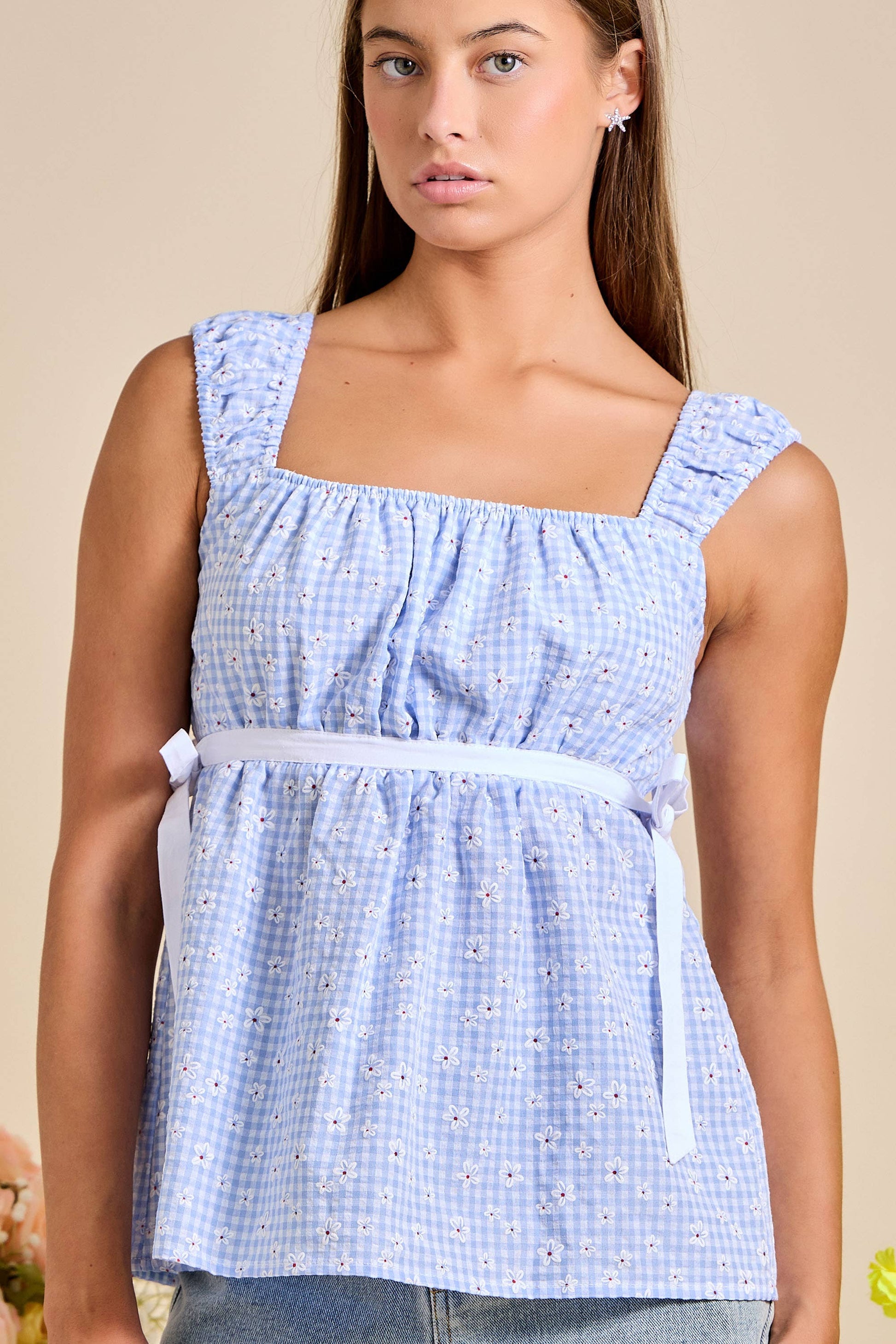 Smocked Ruffle Strap Peplum Top - Gingham Daisy