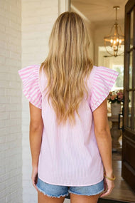 *LAS Stripe Contrast V Neck Flutter Sleeve Blouse