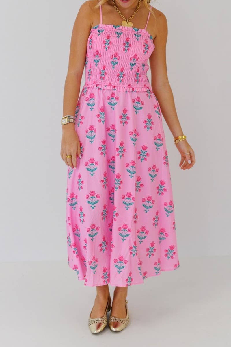 BOHEMIA MAGNOLIA FLORAL SPAGHETTI STRAPS FLARE DRESS