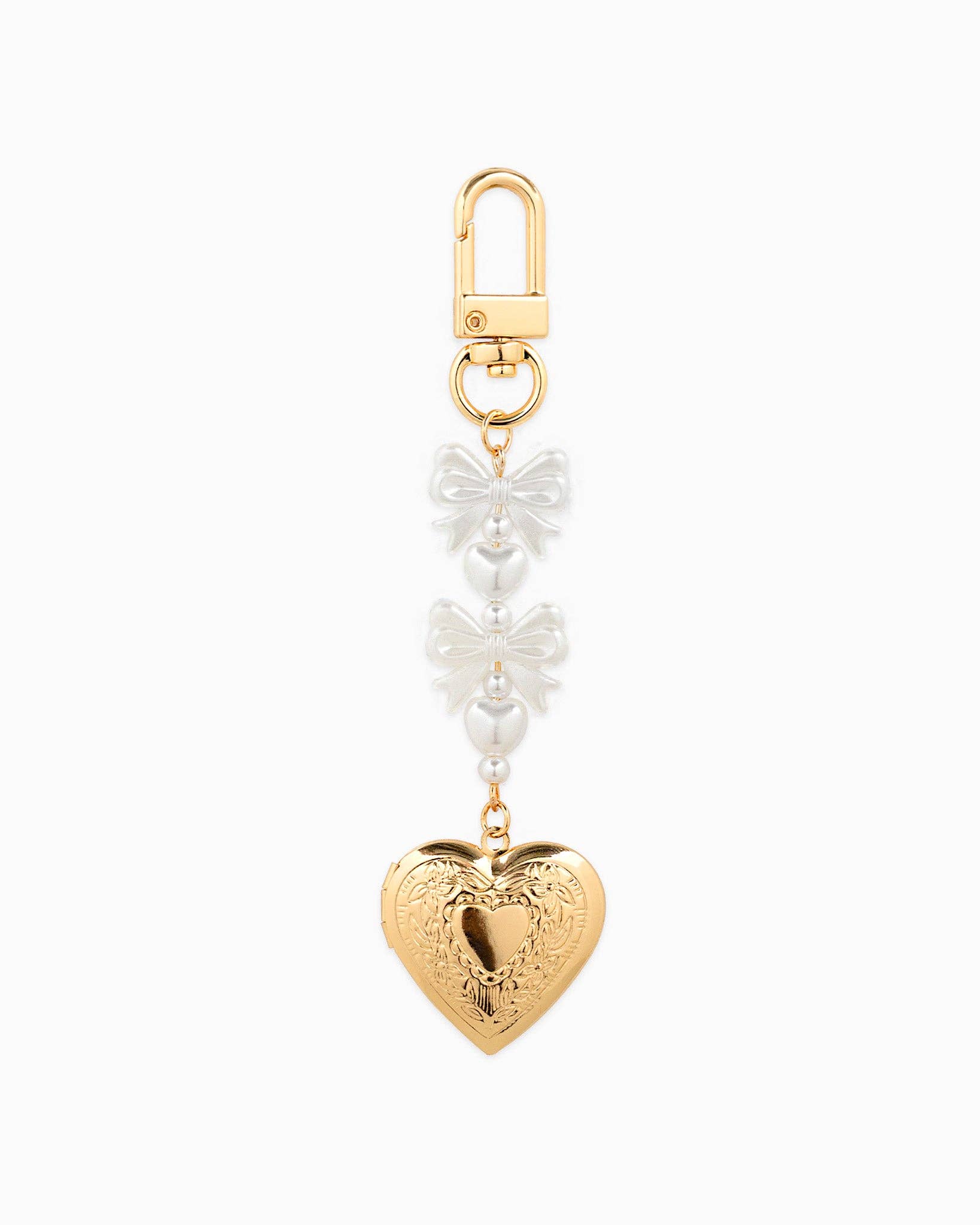 Bow Pearl Heart Locket Bag Charm: Gold
