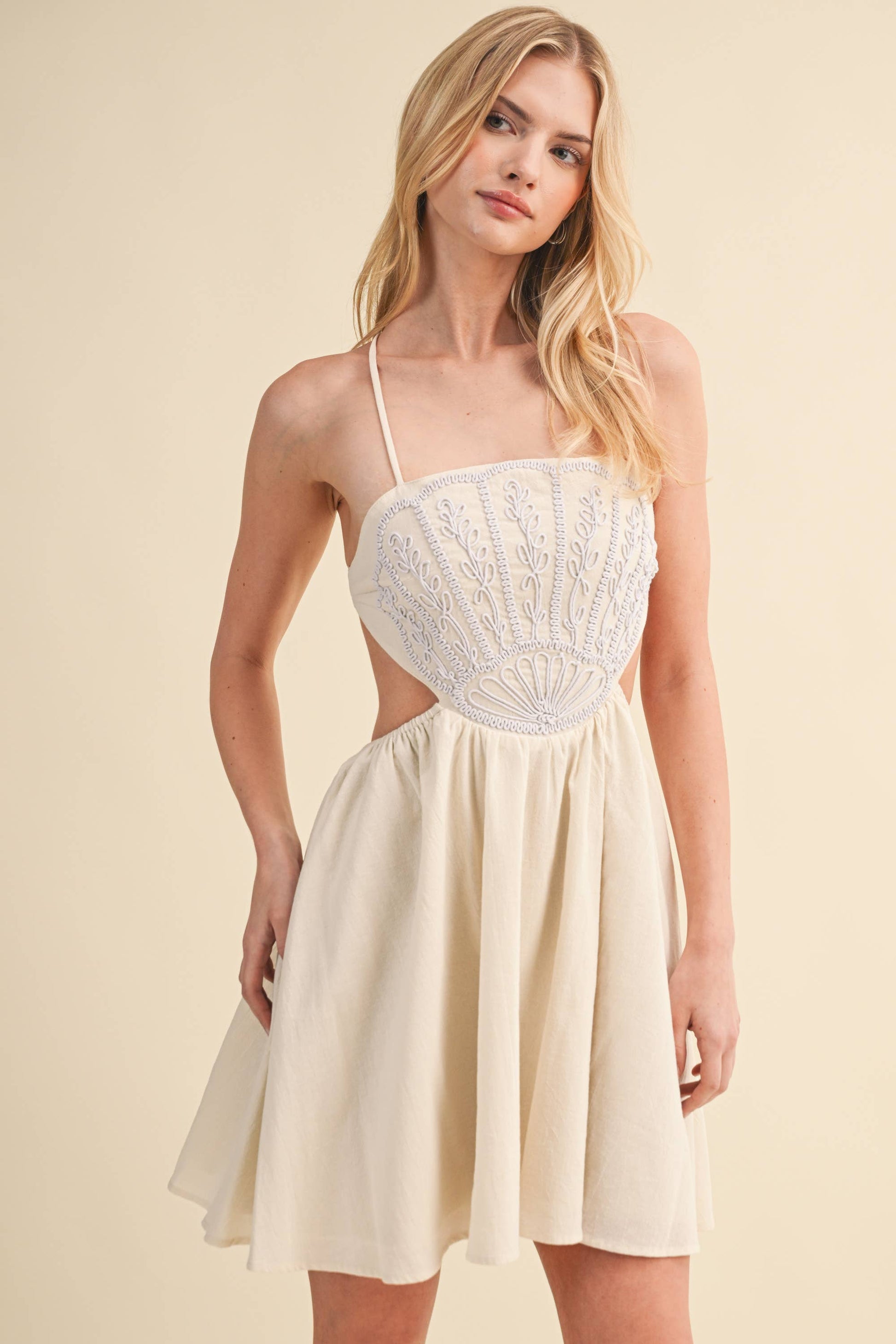 SCALLOP APLIQUE CRISS CROSS BACK FLARE MINI DRESS