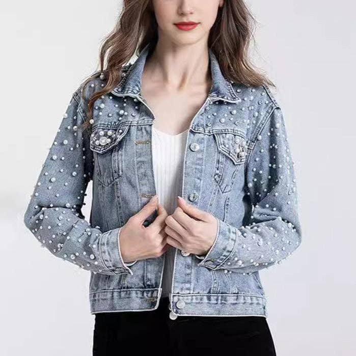 WOMEN CASUAL DENIM JACKET WITH PEARL RHINESTONE ACCENTS