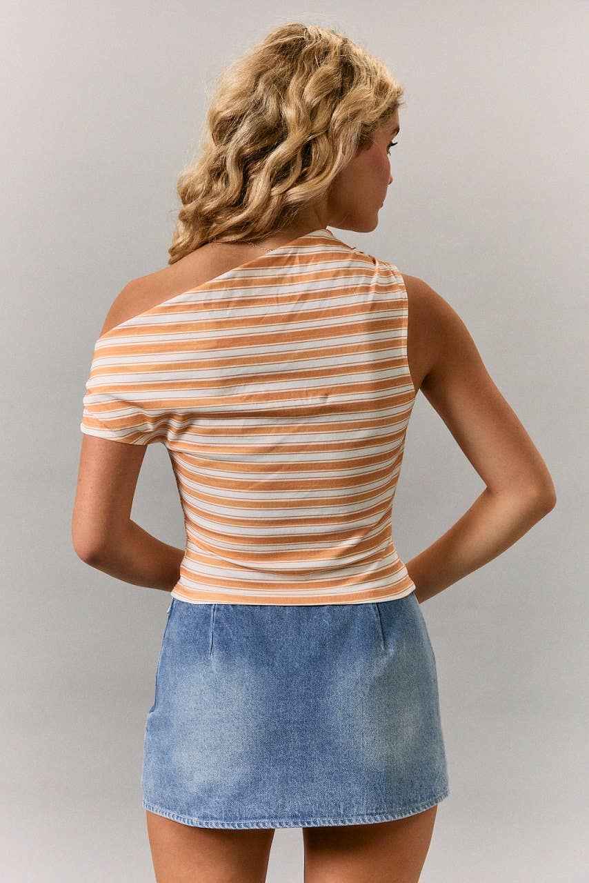 ONE SIDE OFF SHOULDER STRIPE PRINTED KNIT TOP