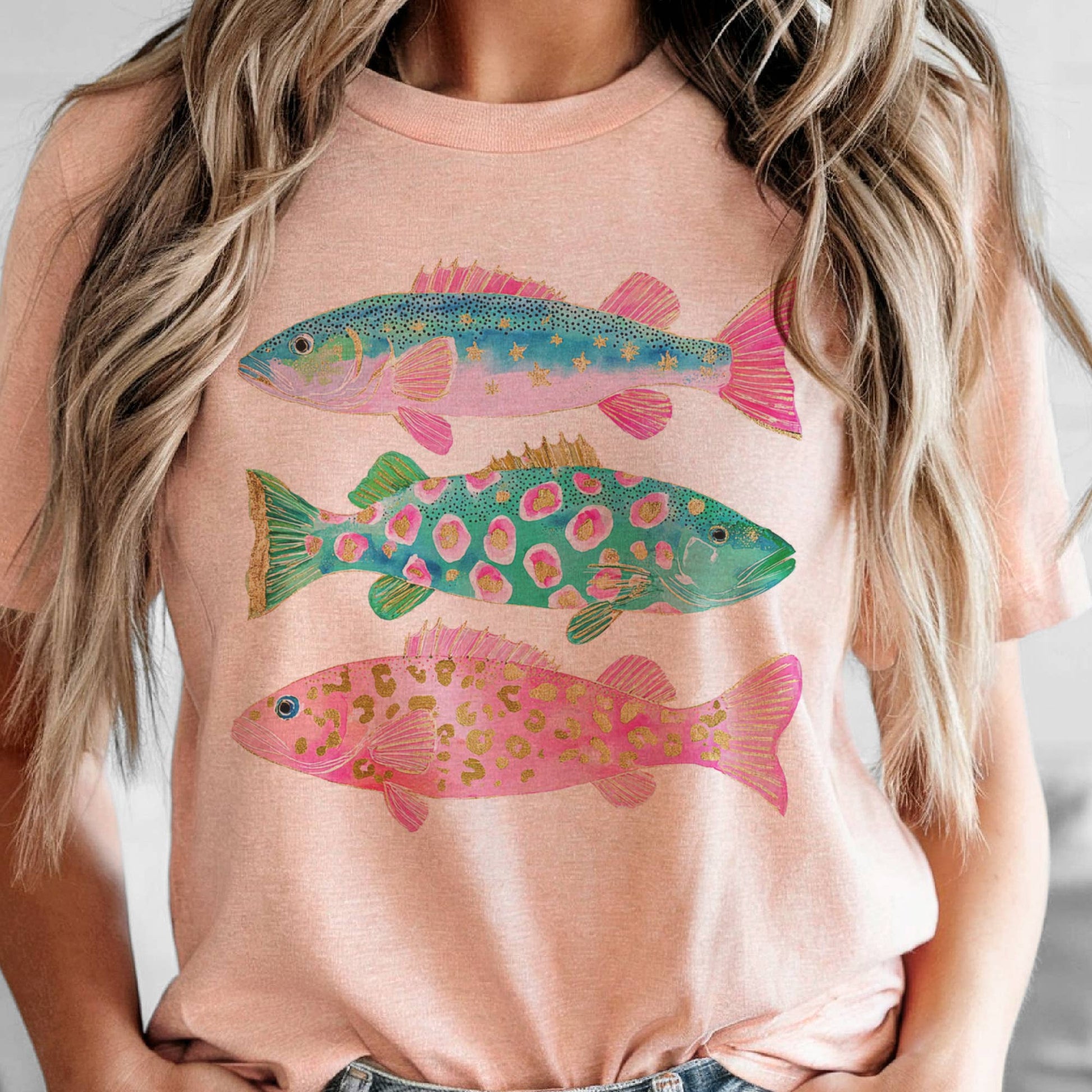 Coastal Preppy Fish Pink Blue Beach Ocean Club Graphic Tee