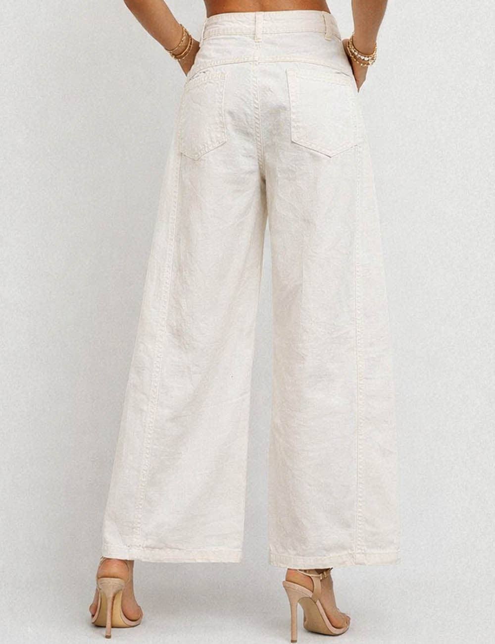 Ladies Floral Jacquard Button Pocket Wide Leg Denim Pants