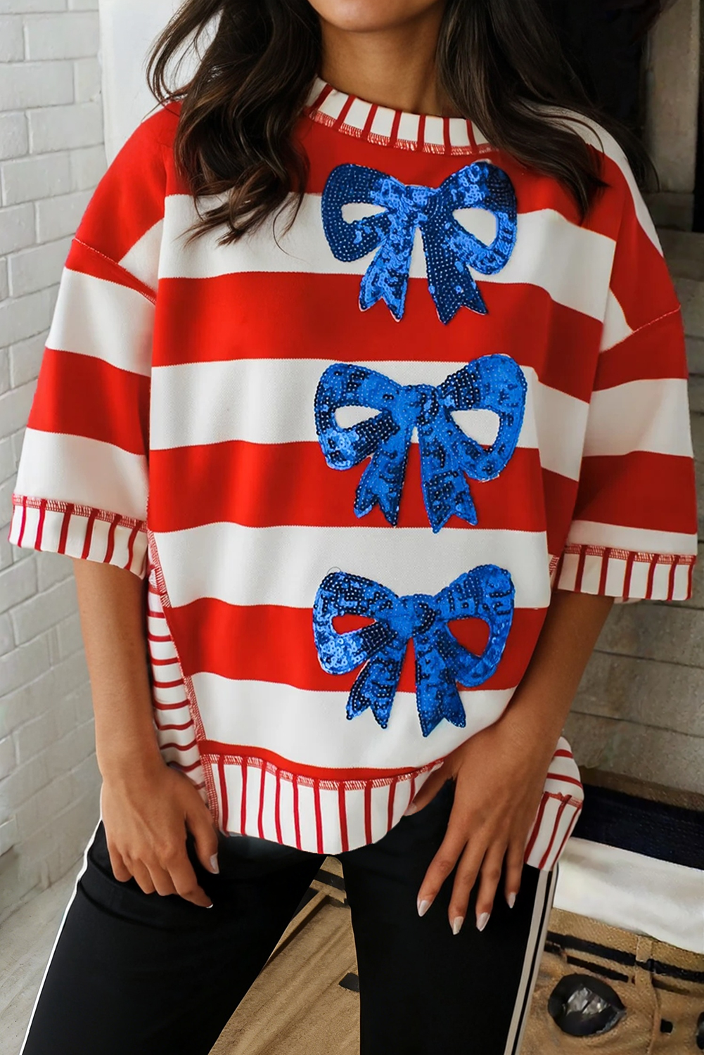 LAS-LIVE Stripe Sequin Bow Patriotic Half Sleeve Top
