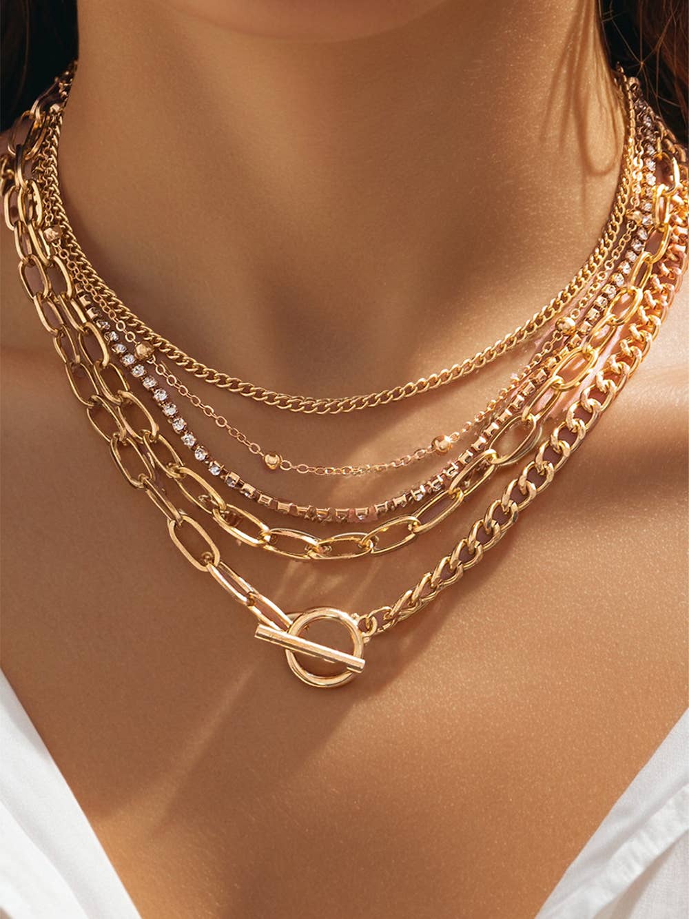 5pcs Layered Rhinestone Plated Chain Collarbone Necklace Set: Gold