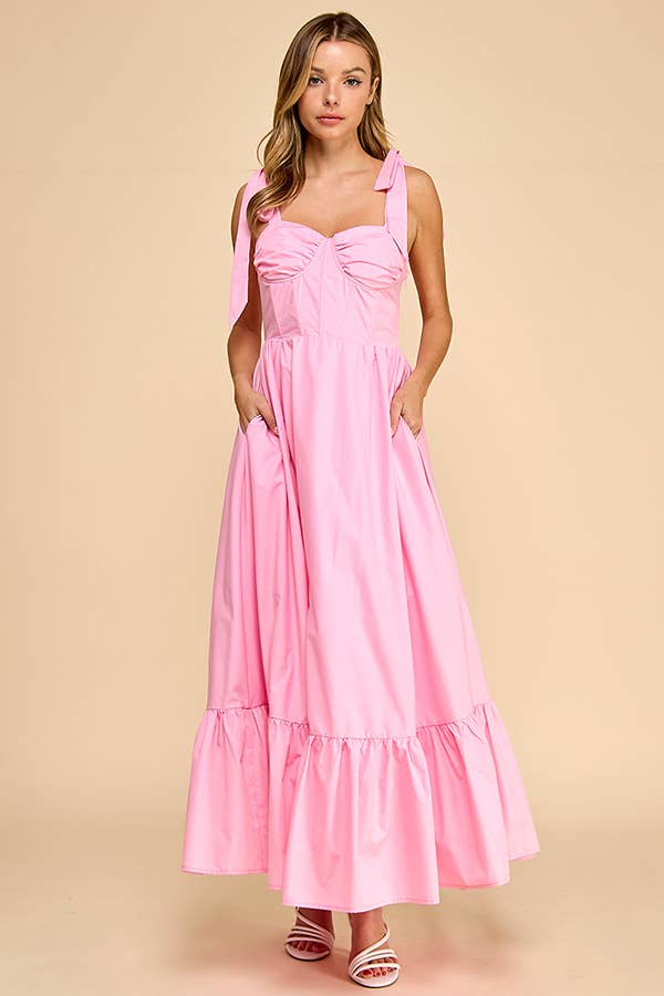 Bustier maxi dress with ruffle skirt and tied shoulder strap