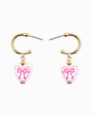 Ceramic Heart Bow Graphic Drop Hoop Earrings: Pink