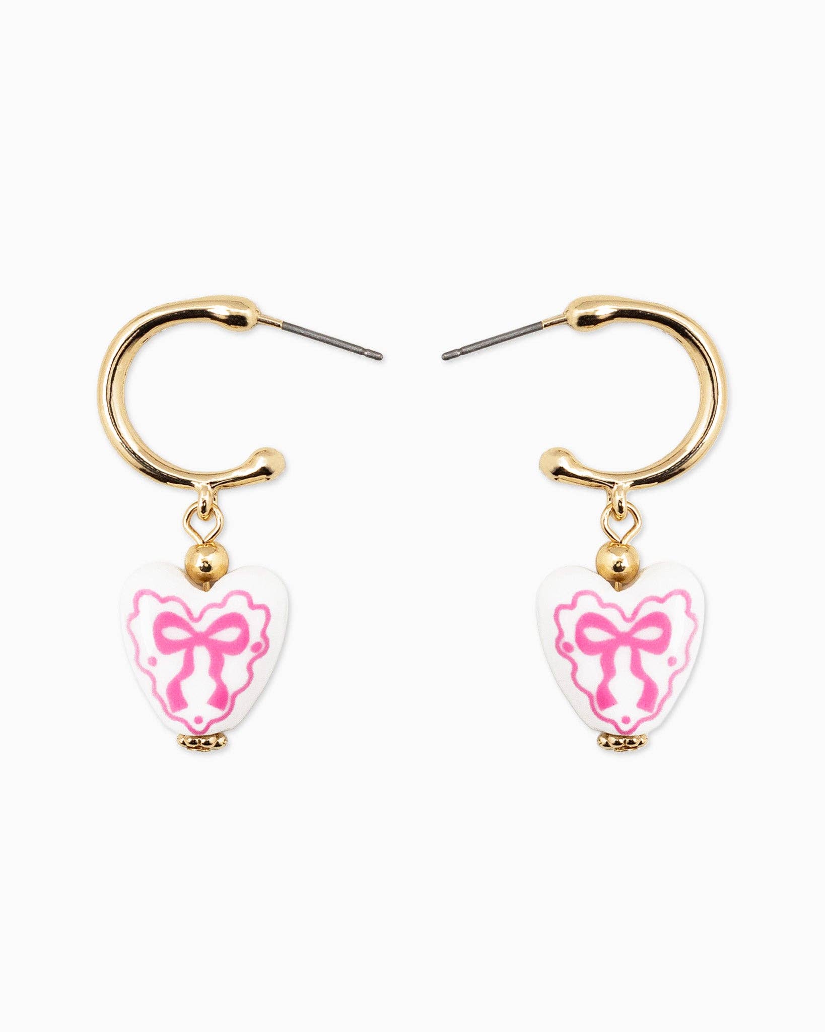 Ceramic Heart Bow Graphic Drop Hoop Earrings: Pink