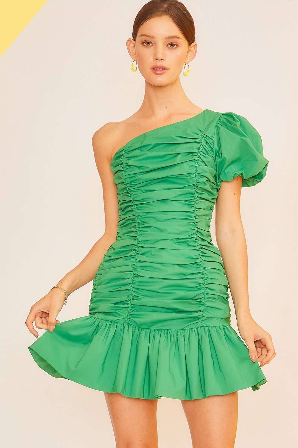 Puff Sleeve Ruffle Mini Shirring Dress