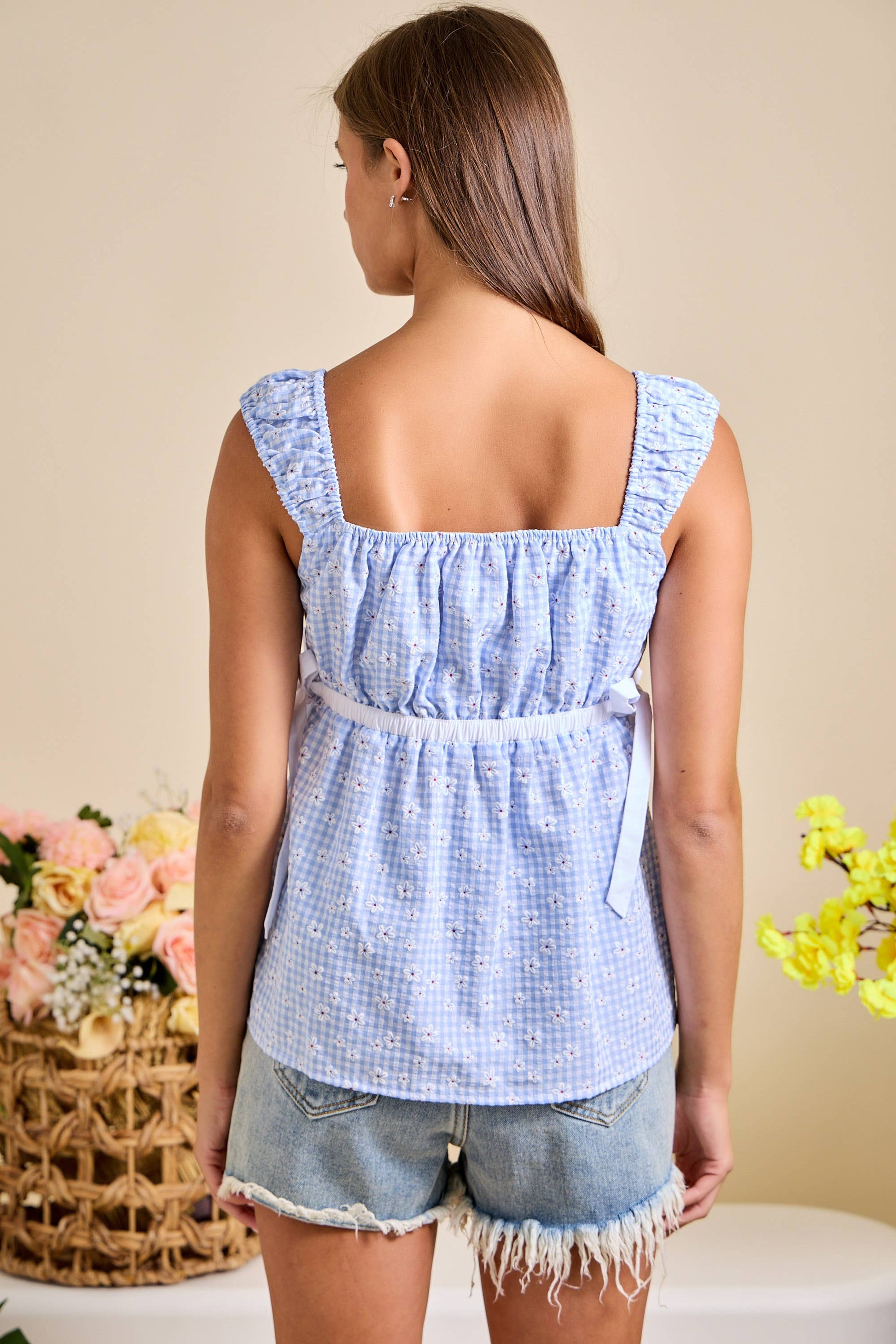 Smocked Ruffle Strap Peplum Top - Gingham Daisy