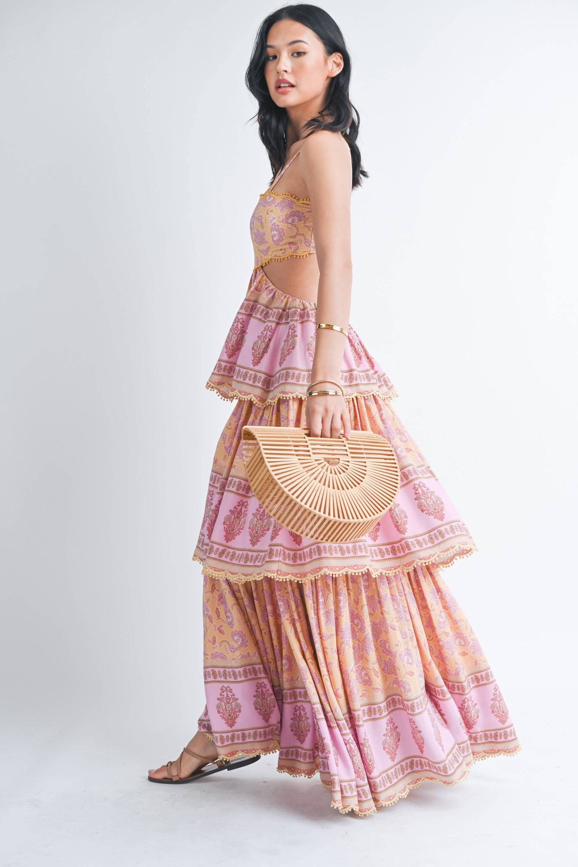 THREE TIER PRINTED MAXI DRESS WITH POM POM TRIM