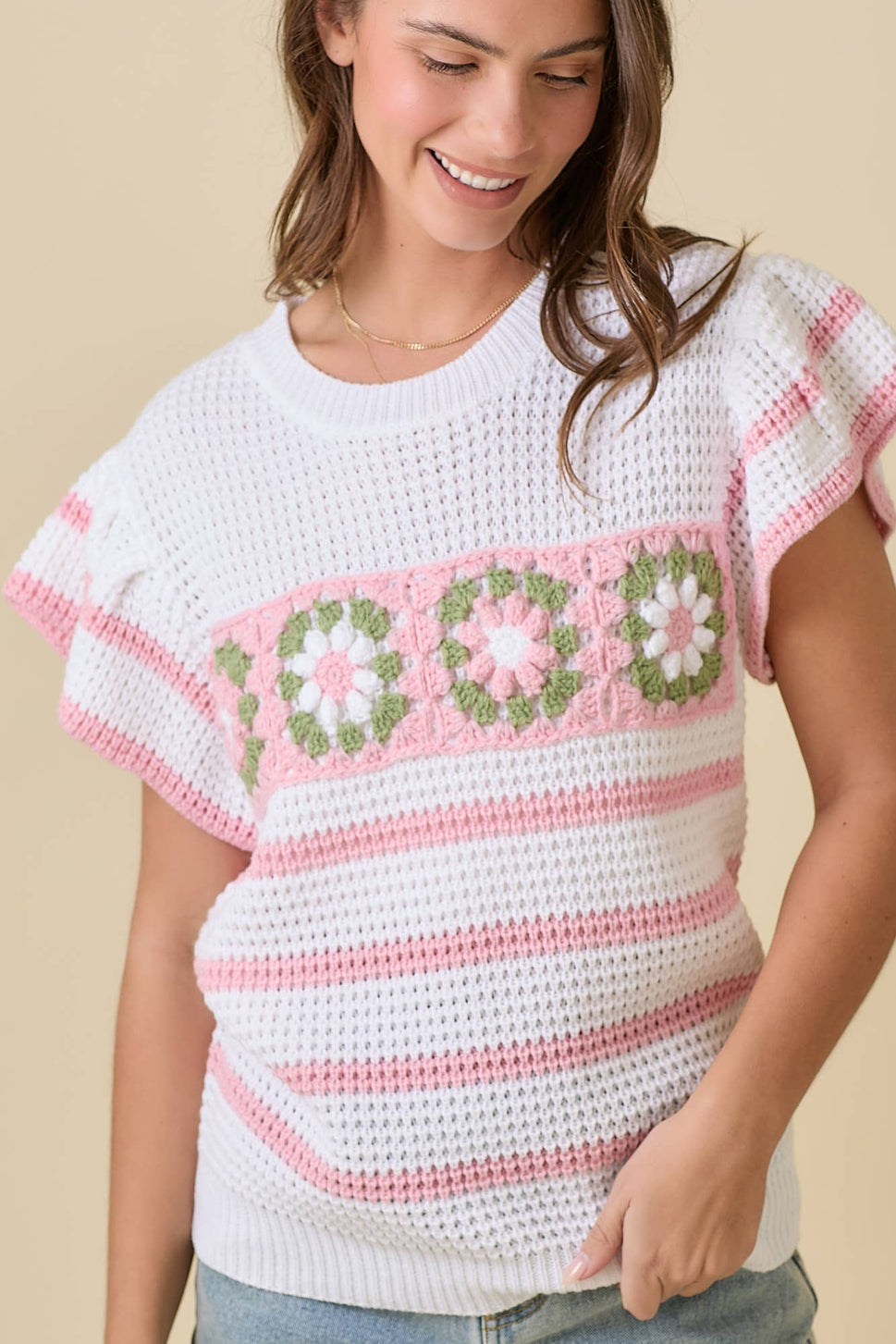 Crochet Flower Stripe Short Sleeve Knit Top Ready to Ship