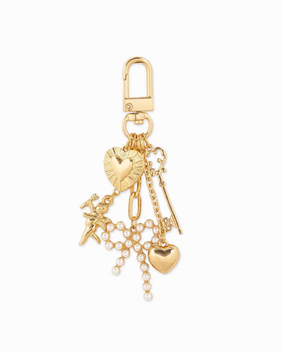 Multi Line Pearl Bow Baroque Bag Charm: Gold