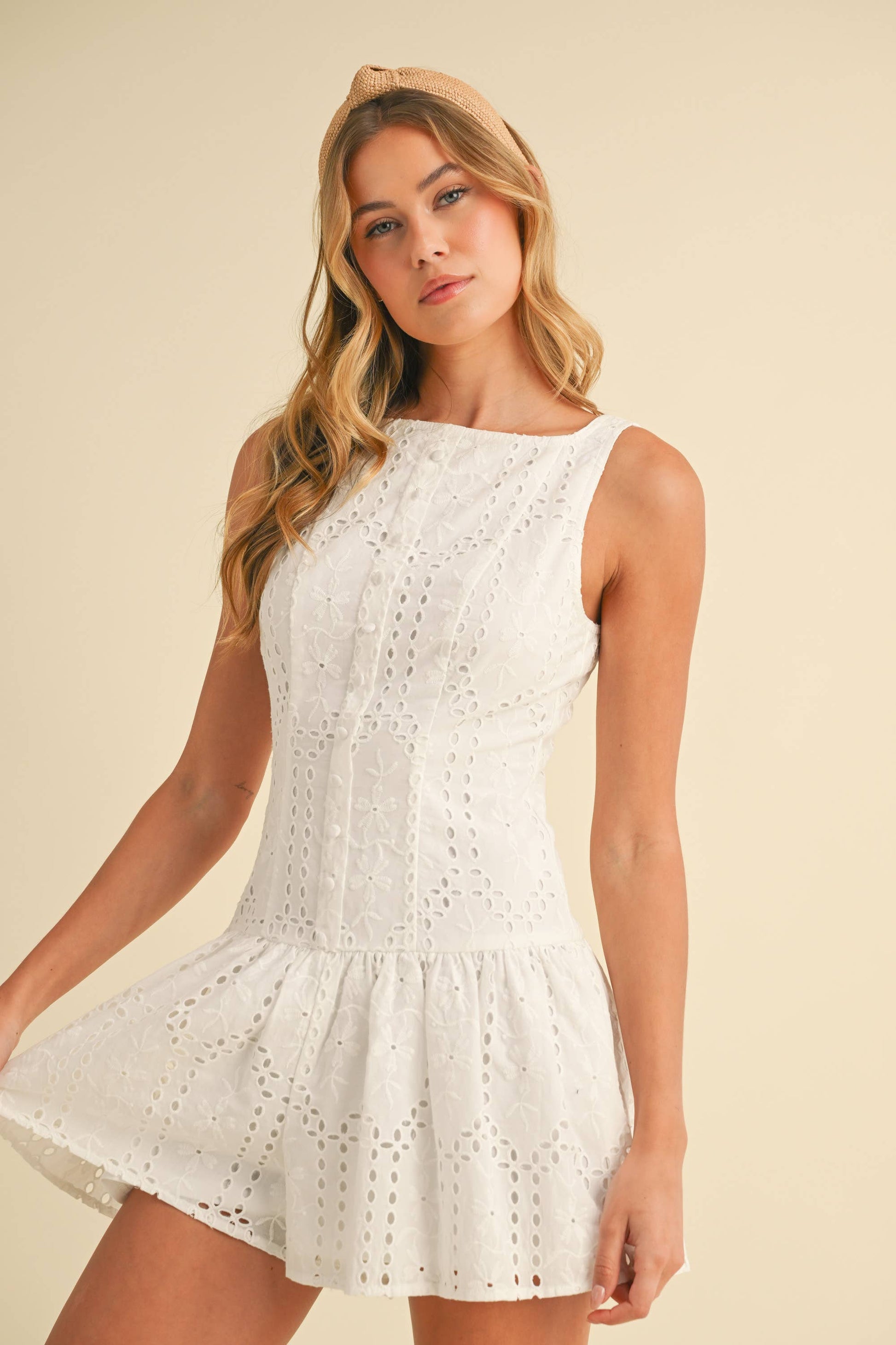 EYELET DROPWAIST BUTTON DETAILED FLARED ROMPER