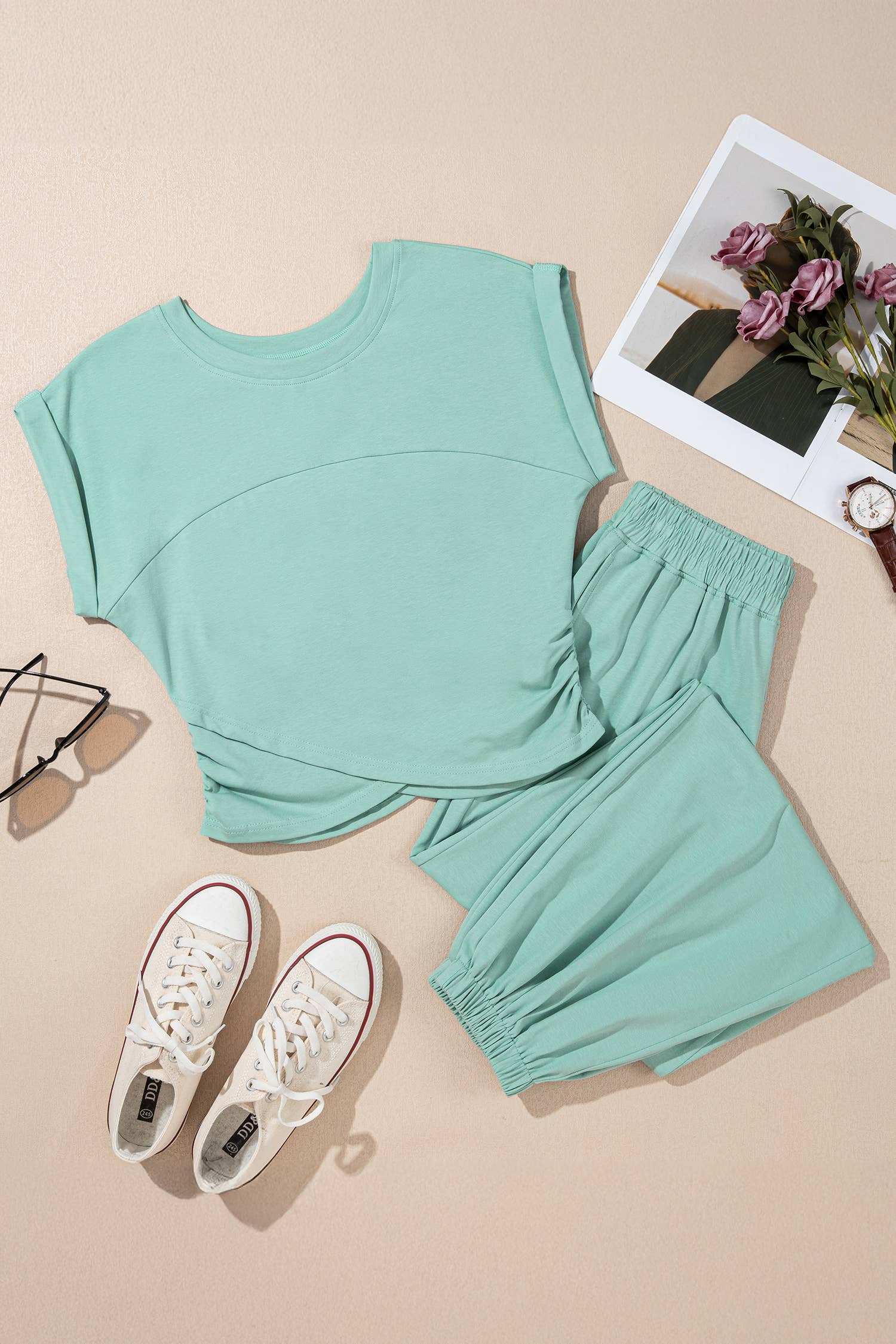 LAS Solid Color Cropped Tank Top and Jogger Pants Set