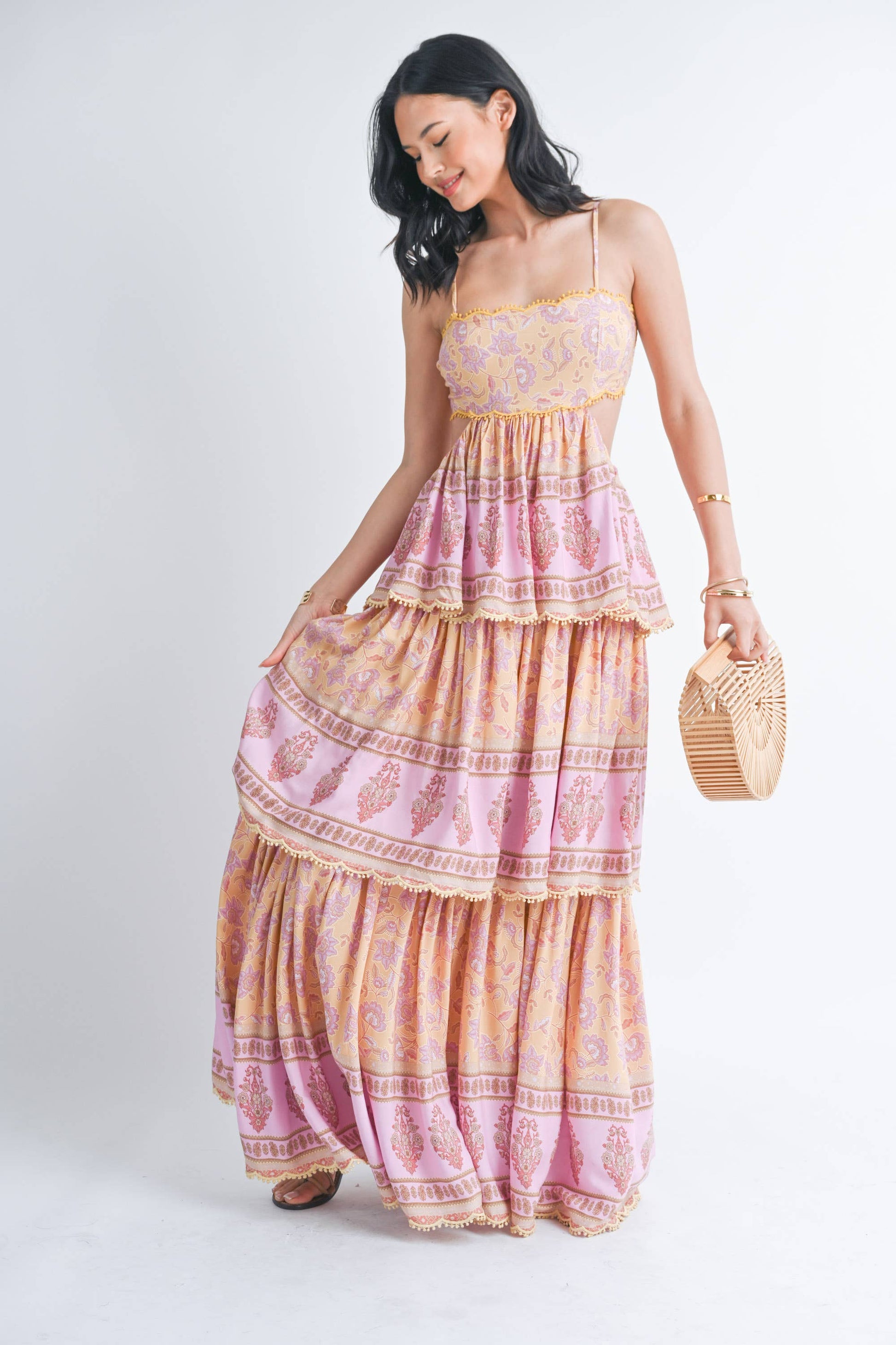 THREE TIER PRINTED MAXI DRESS WITH POM POM TRIM