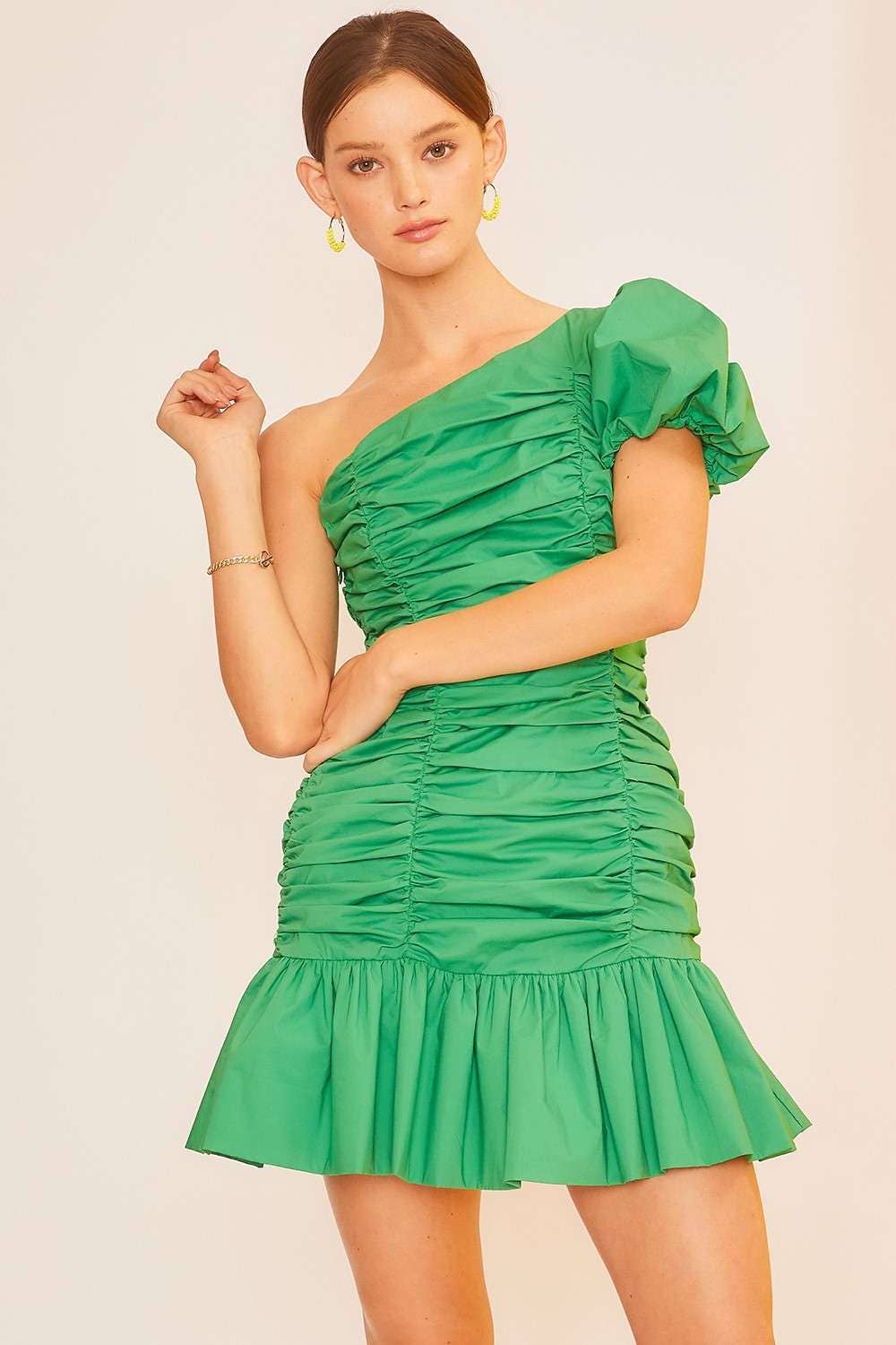 Puff Sleeve Ruffle Mini Shirring Dress