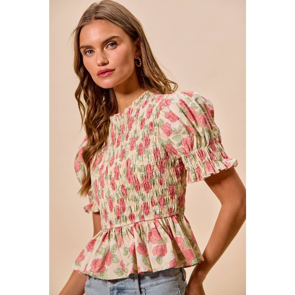 Floral Rose Print Smocked Short Sleeves Blouse Top: ROSE PINK